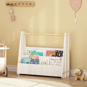 Bookshelf with Wooden Handle, 2-Tier Front-Facing Toddler Bookcase, Portable Children's Book Storage Organizer for Bedroom, Playroom