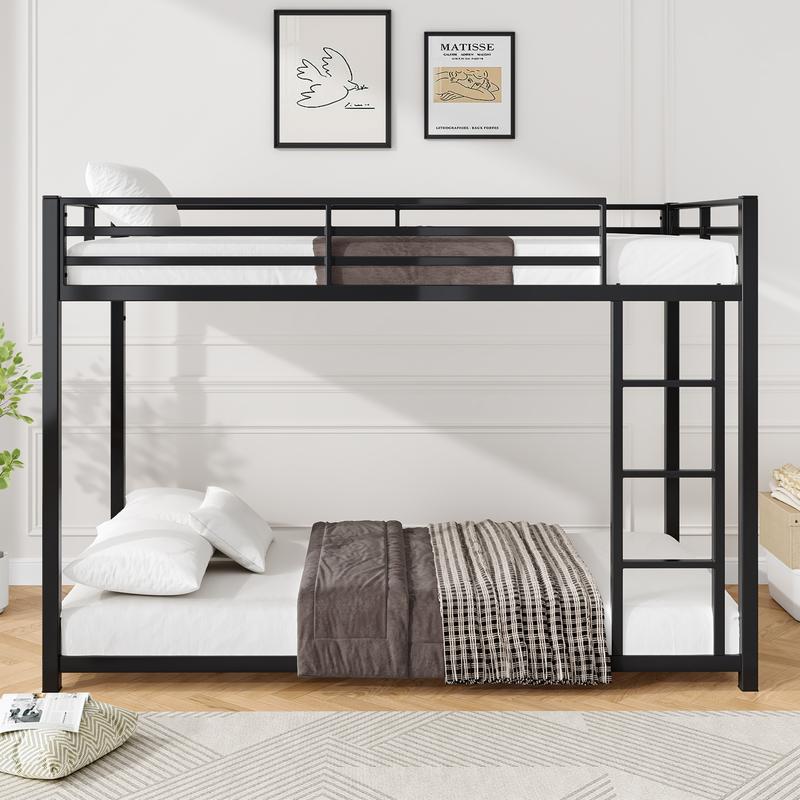 Twin Over Twin Metal Bunk Bed, Low Bunk Bed with Ladder, Bed Frame,Black, Sturdy Steel Construction, Safe Design, Easy Assembly, 250lb Upper Bed Capacity, 350lb Lower Bed Capacity