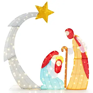 COSTWAY - 5 ft Christmas Nativity Set Pre-Lit Nativity Scene with 140 Warm White LED Lights