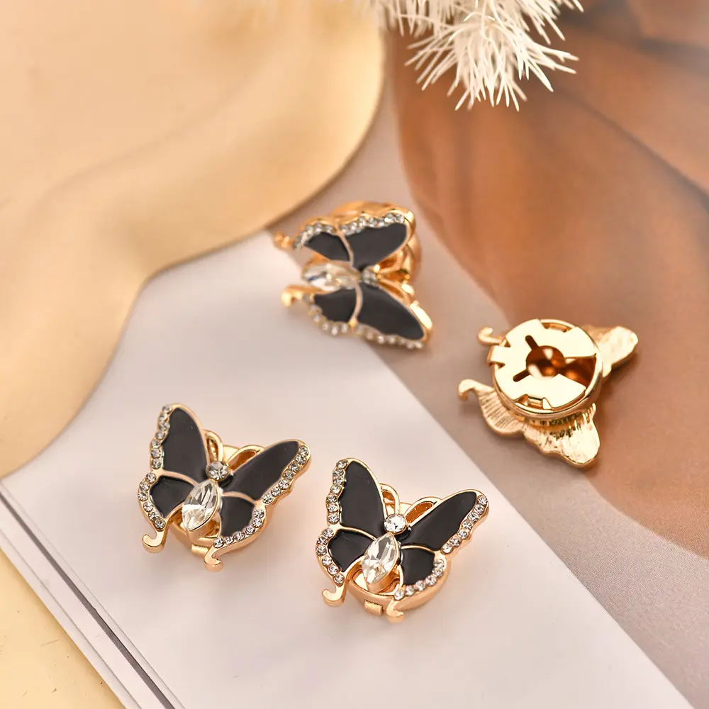 Unisex Gold Enamel Alloy 3D Butterfly Cuff Button Covers (2-Pack) - Business & Coquette Outfit Accessory, Hand-Set Rhinestone Accents, Hinged Snap, 2.3cm x 2cm, 8g per Piece, Wardrobe Style Enhancer