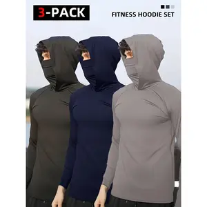 3-Pack Men Sun-Proof Hoodie with Mask-Lightweight High Elaic Compression Sportswear for Running and Fitness