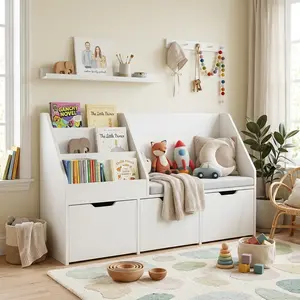 DAYAGO Kid's Bookcase with with Reading Nook, Soft Cushion and 3 Drawers with Hidden Wheels, 3 Tier Shelves, Spacious Storage for Toys and Books
