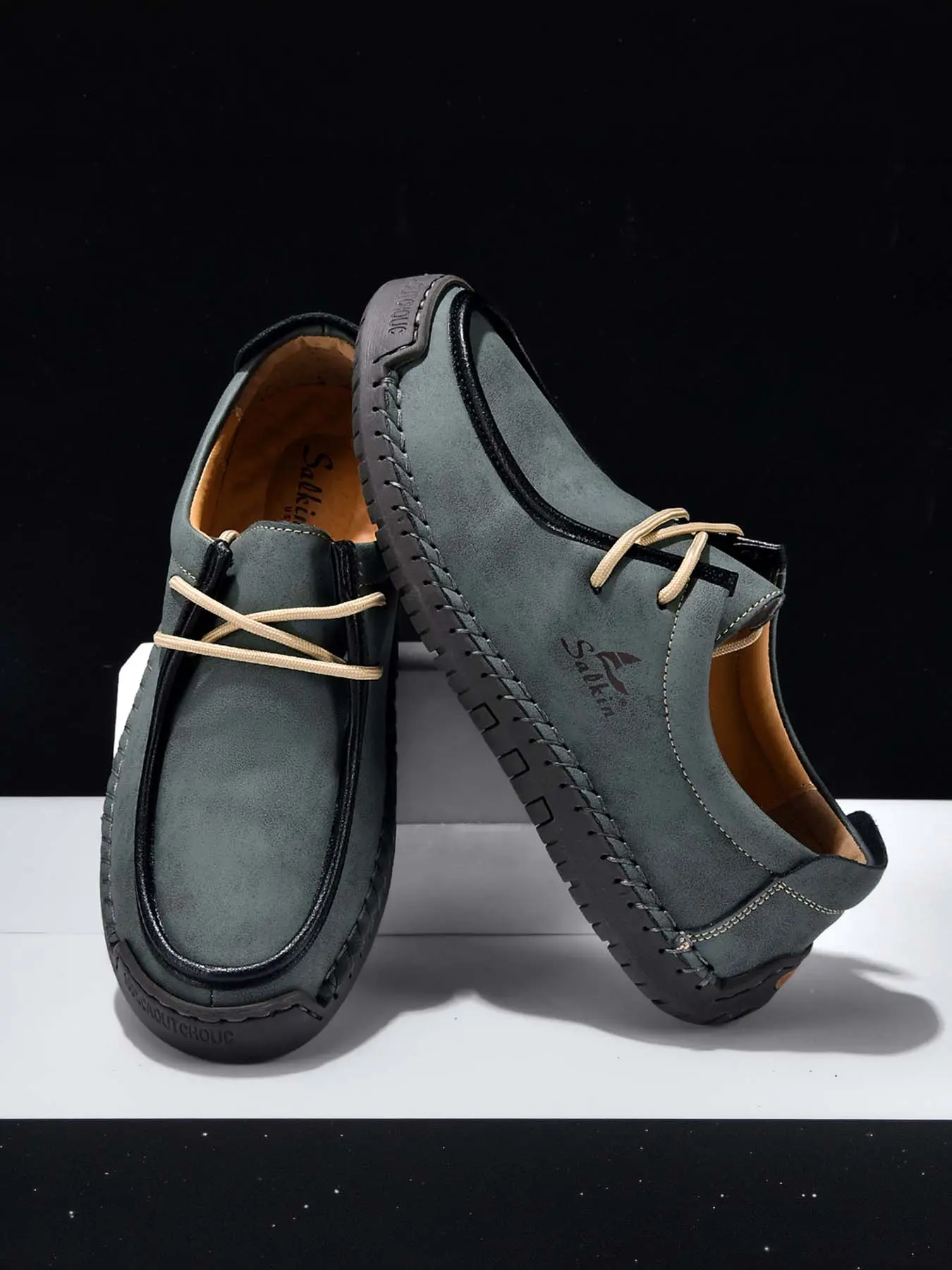 Men's Hand-Stitched Soft-Soled Casual Leather Shoes, Non-Slip Lace-Up Slip-On Loafers, All-Match Moccasins for Daily Commuting & Driving