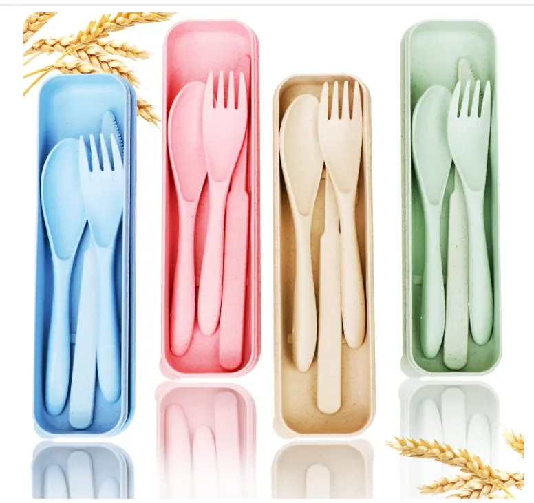Reusable Travel Utensils Set with Case, 4 Sets Wheat Straw Portable Knife Fork Spoons Tableware, Eco-Friendly BPA Free Cutlery for Kids Adults Picnic Camping Utensils(Green, Beige, Pink, Blue)