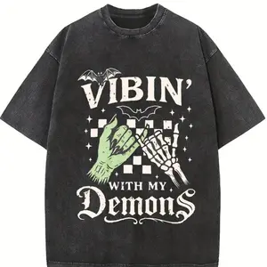 Dance with My Demon Shirt, Halloween Skull Witch Pattern T-Shirt, Quirky Gothic Ghost Shirt, Creepy Cute Aesthetic T-Shirt, Fashionable Round Neck Women's Short Sleeve T-Shirt, Unisex