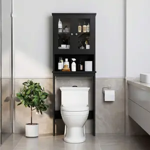 Over The Toilet Storage Cabinet With Adjustable Shelf And Double Doors, Bathroom Space Saver Organizer Above Toilet With Open Shelf, Taller Wooden Free Standing Toilet Rack