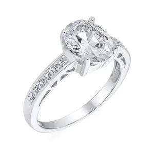 Traditional 3CT Oval Solitaire Engagement Ring with CZ Pave Filigree Band Silver