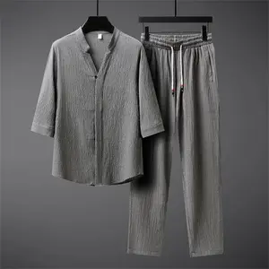 Ice Silk Linen Men's Set Spring Summer  Loose Pullover To and Elastic Waist Trousers Sport Suits Men Two Piece Sets