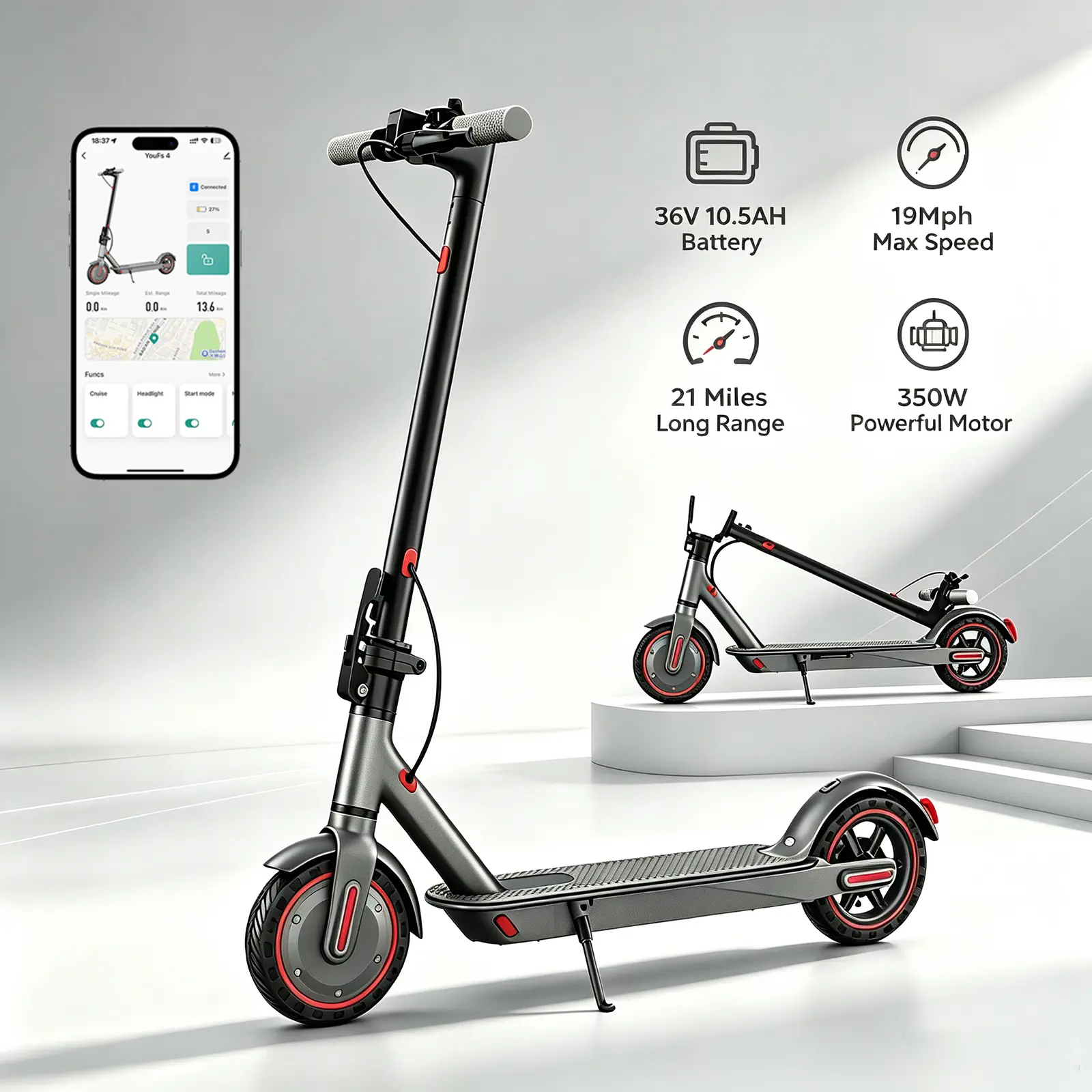 Adult Size Unisex Motorized Scooter - 350W Motor, 36V 10.5AH Battery, 19Mph Top Speed, 21 Mi Range, 3-Speed, App Control, 8.5in Honeycomb Solid Tires, Dual Braking System, Portable Foldable Commuting E-Scooter, Gift for Family&Friends