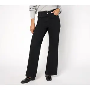 Denim & Co. Petite Black Easy Stretch Double-Button Wide-Leg Jeans