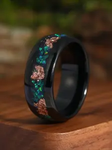 Black Tungsten Opal Ring for Men Women Green Opal Copper Inlay Domed Band Wedding Engagement Promise Ring Unique Anniversary Jewelry Gift