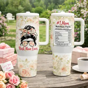 1pc 40oz Stainless Steel Tumbler, Best Mom Ever Floral Travel Mug, #1 Mom Nutrition Facts Printed Cup with Handle, Lid and Straw, Vacuum Insulated Coffee Tumbler for Mom, tumbler with lid and straw, coffee cups tea set gift, Drinkware