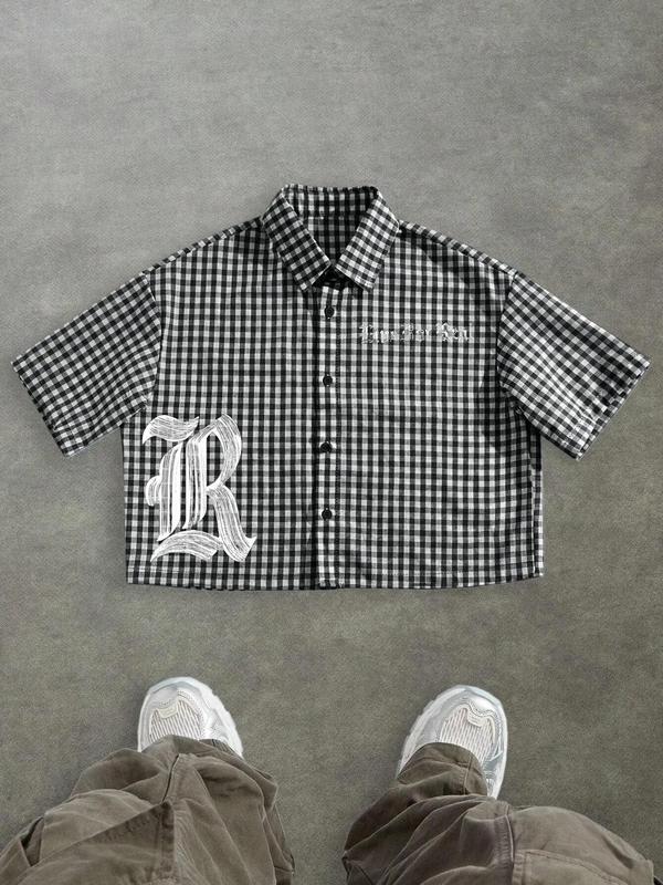 Unisex's Casual Fashion Gingham Street Checkered Graffiti Gothic Print Box-Fit Cropped Button-Up Shirt Men's Cropped Tops Unisex's Casual Fashion Gingham Street Checkered Graffiti Gothic Print Box-Fit Cropped Button-Up Shirt Men's Cropped Tops