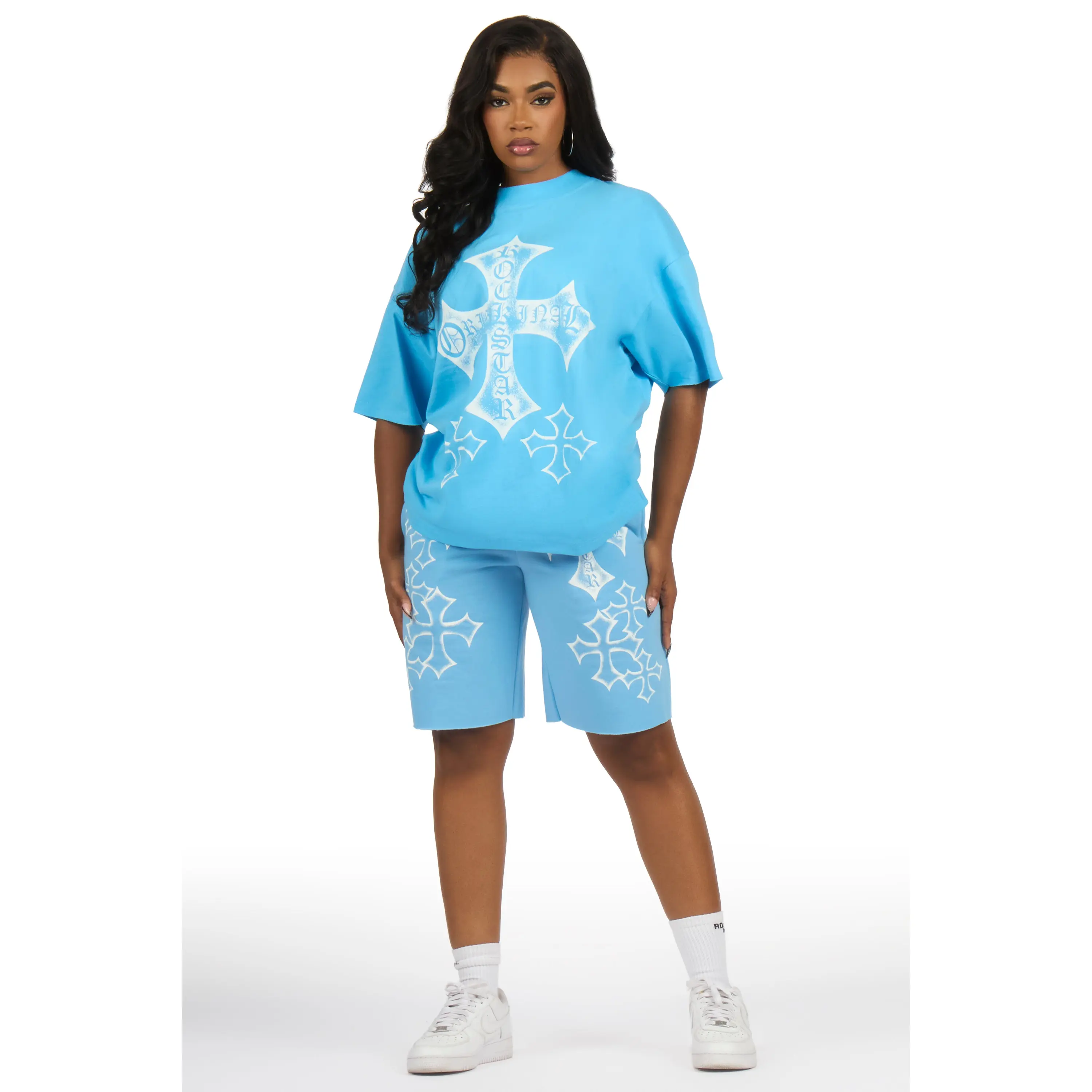 Brianana Blue/White T-Shirt Short Set