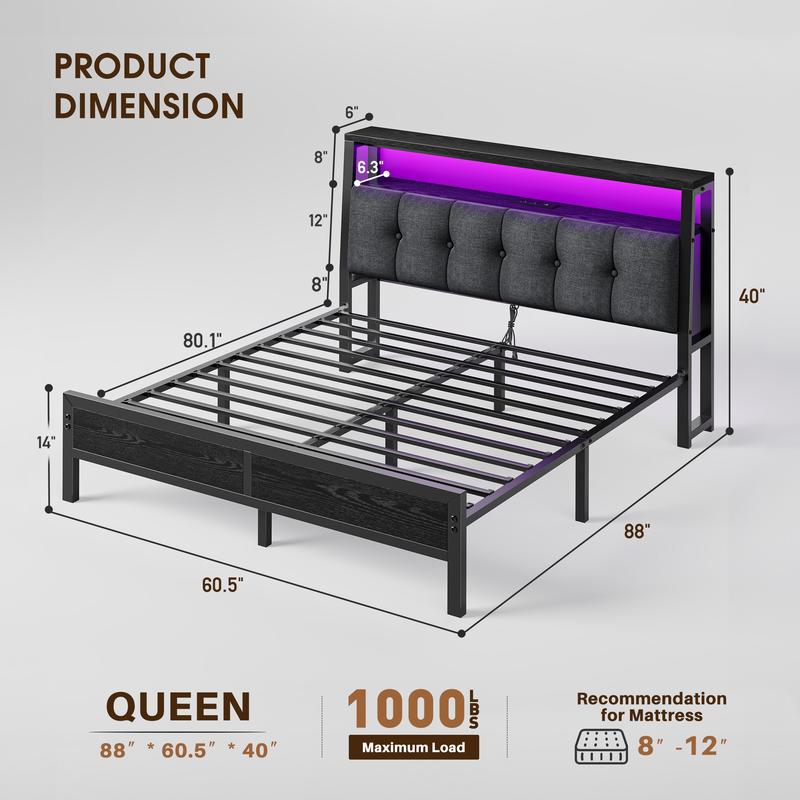 Raybee LED Bed Frame with Charge Station for Queen, Full, King, Platform Bed Frame with Upholstered Ergonomic Heardboard , 2 Tiers of Shelves & 12" Underbed Storage, Industrial Modern Bedroom Furniture, 1000lbs Capacity with Metal Slats & Frame, Black