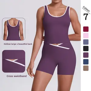 New double-sided brushed fabric color-blocked tight-fitting breathable cross-over yoga outfit set for sports, running, and fitness two-piece set