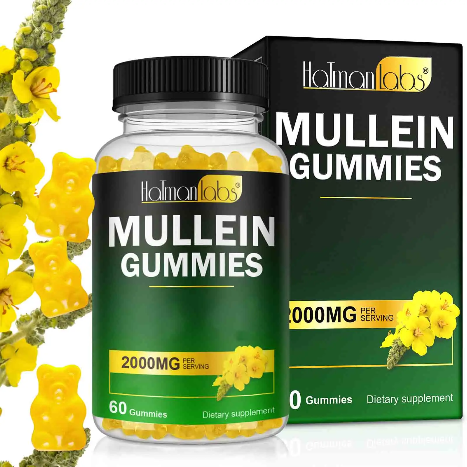 Hatmanlabs Mullein Leaf Dietary Chewable Gummies - 2000mg Extract Per Serving, Sugar Free, Vegan Lung & Breath Support Vitamins Supplements, Mucus Reduction for Adults, 60 Count with Bromelain, Elderberry, Marshmallow Root, Pear, Malt Syrup