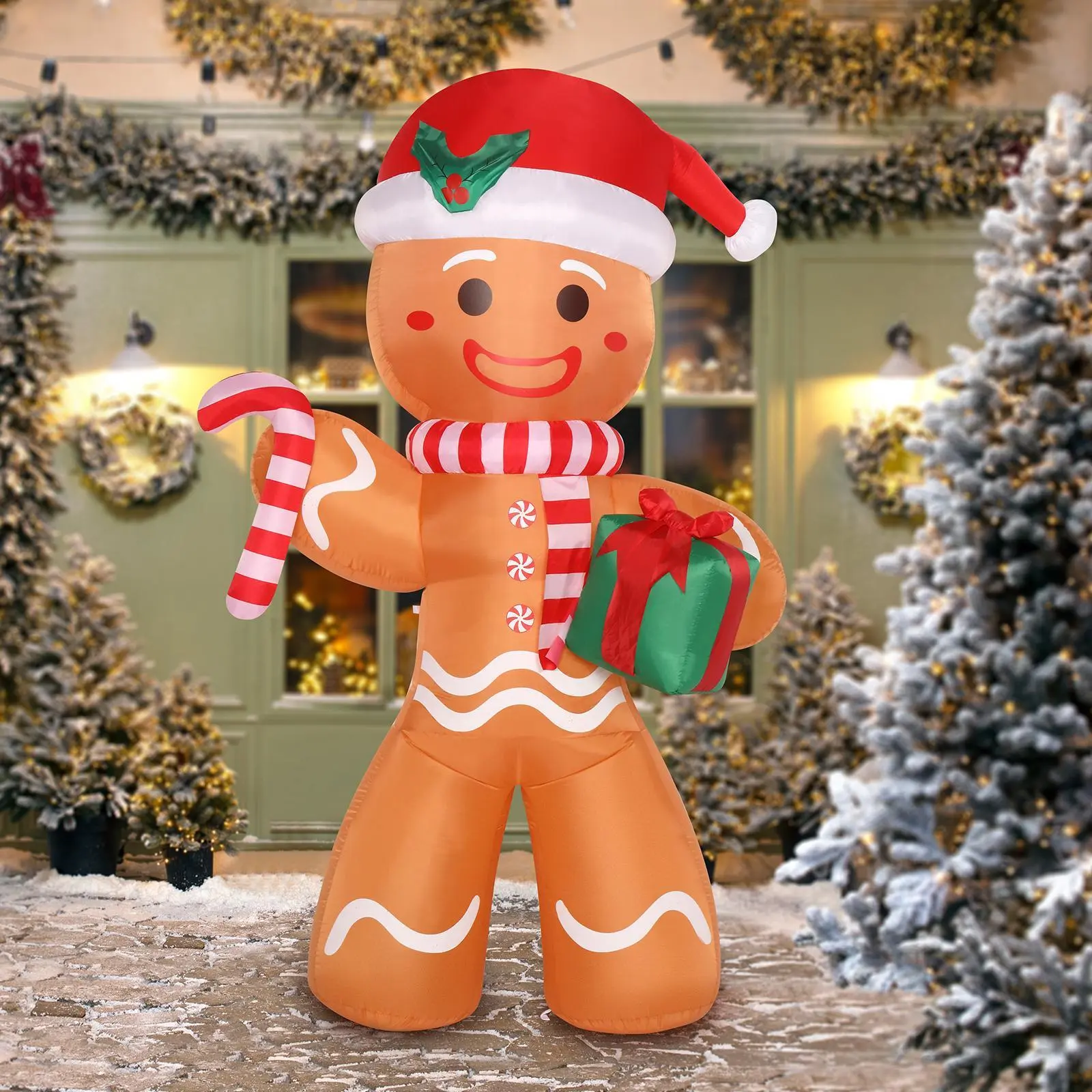 【Summervibes】8ft 15W 5 LED Lights Gingerbread Man Holding Gift Garden Gingerbread Man Decoration