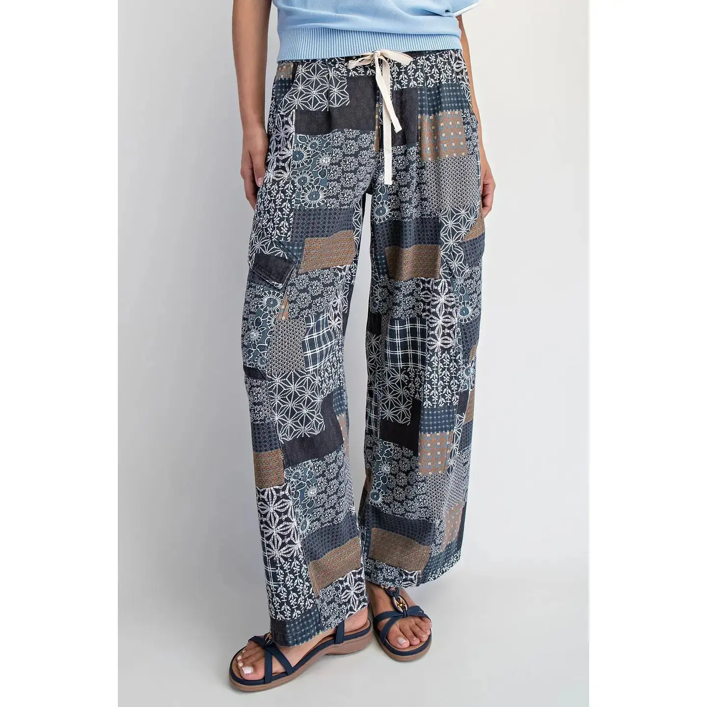 Patchwork Print Barrel Leg Cargo Pants
