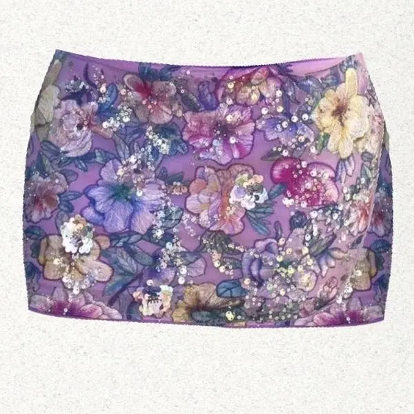 Floral 3D Sequin Skirt - (Lavender), Elegant Lavender Fabric with Intricate 3D Floral Appliqués for Women's Wear Bottoms - Womenswear