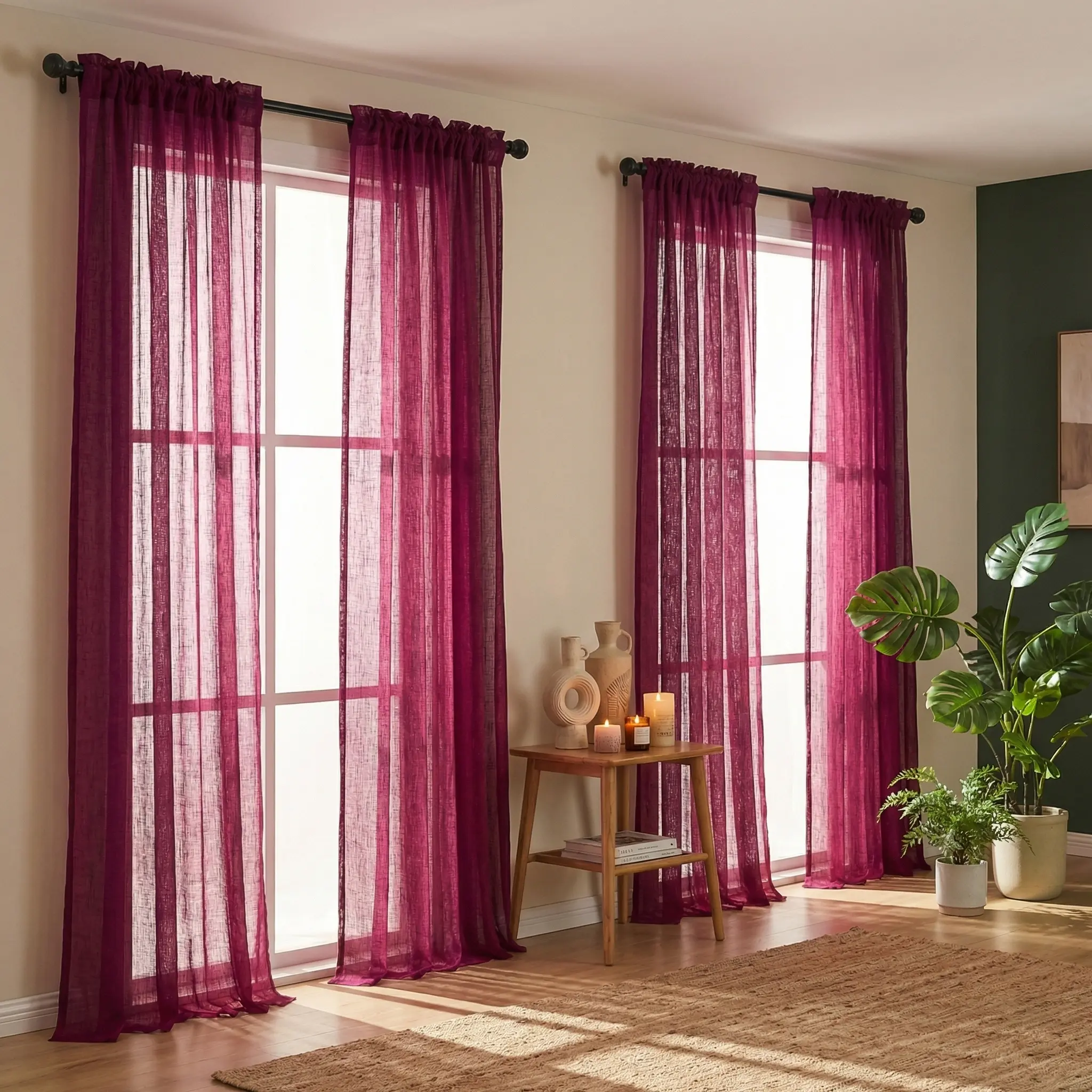 4 Piece Faux linen Polyester Linen-Look Semi-Sheer Premium Room Decor Curtains, 34x95 Inch Solid-Color  Rod-Pocket Curtains, Breathable Lightweight Fabric for Bedrooms, Living Rooms Decor, L21, Room Decor Curtain Windowshades Privacy Window Film
