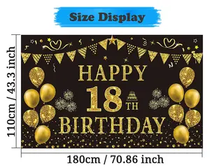 18th Birthday Decorations for Men - Black Gold 5.9x3.6ft Happy 18th Birthday Backdrop Banner for Boys Party