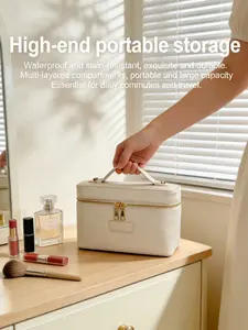 Luxury Waterproof Leather Cosmetic Case - Square Large Capacity Travel Makeup Organizer, Handheld Toiletry Storage Bag for Travel & Daily Use