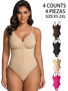 Women's Seamless Smooth Shapewear Bodysuit Underwear, Front Zipper Design, Waist Cinching Thong, Comfortable All Seasons, Sexy Plain Style