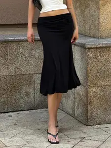 Women's Basic Casual Minimalist Drop-Waisted Ruched Bodycon Black Skirt, Versatile Slim-Fitting Fish Tail Midi Dress, Elegant All-Season Wear Womenswear Bottoms