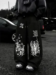 Trendy Loose Wide Leg Pants, Angel Cyber Thorn Graphic Print, Gothic Dark Style, Casual Streetwear, All Seasons, Fitted Design