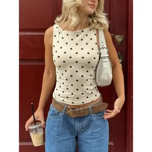 Women’s sleeveless round-neck slim-fit short top, polka dot T-shirt, party street style, casual fashion GARMENTARY