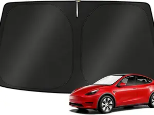 KUST Windshield Sun Shade for 2017-2026 Tesla Model Y/Model 3 Sunshade Accessories (Fit 2025-2026 Model Y Juniper / 2024 Model 3 Highland) Upgraded Foldable Sunshade, Blocks UV Rays Keep Car Cool