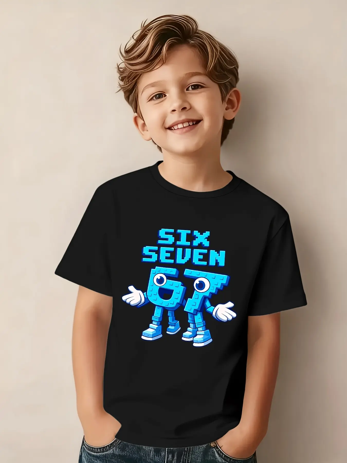 Kids "SIX SEVEN 67" Blue Pixel Art T-Shirt 100% Cotton Cute Cartoon Number Graphic Tee Boys Girls Casual Short Sleeve Top