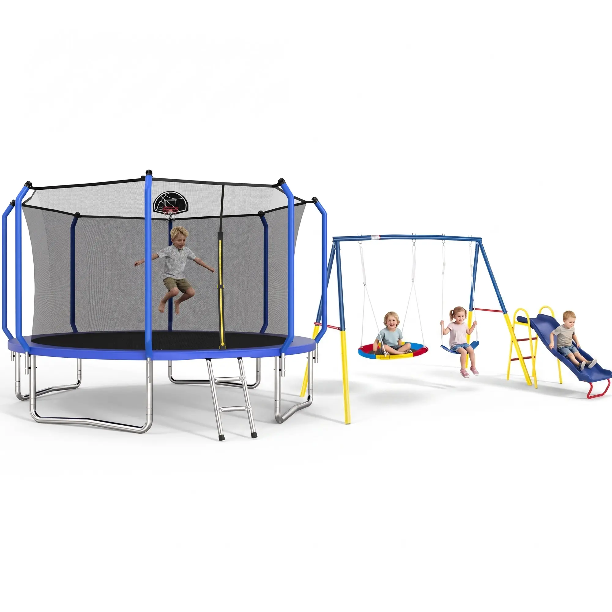 12FT Trampoline Combo with Basketball Hoop, Swing & Slide, ASTM Approved Reinforced Outdoor Trampoline with Enclosure Net & 3‑in‑1 Heavy‑Duty Metal Backyard Playset for Kids