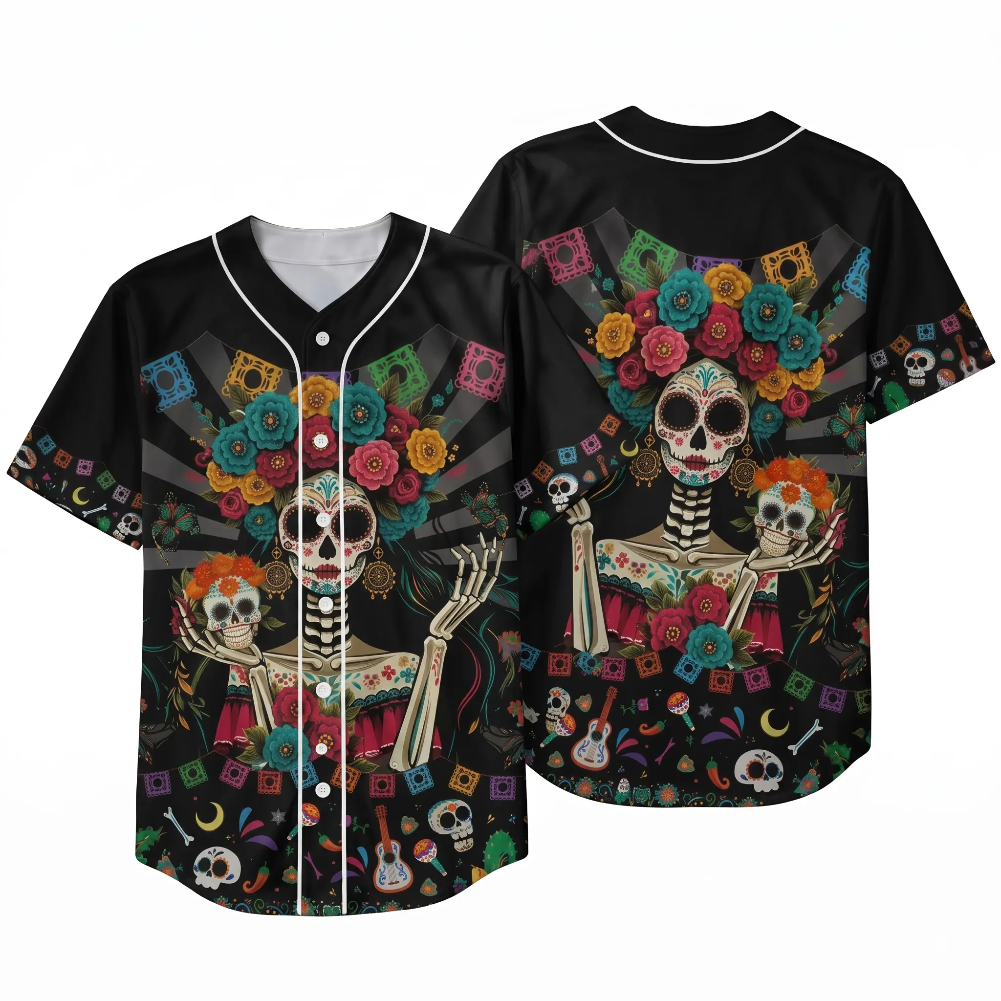 Men's Día de los Muertos Full-Print Short-Sleeve Baseball Softball Jersey - Sugar Skull Floral Skeleton Button-Up, Breathable Dry, Loose-Fit Cut, Machine Wash Casual Shirt