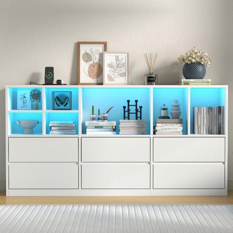 White / Black 6 Drawers Dresser With 7 Storage Cubbies, Chest Of Drawers With Power Outlet And LED Lights, 63" Triple Wide Long Dresser Organizer For Bedroom, Modern Dresser With Open Shelf For Living Room Wardrobe Cabinet