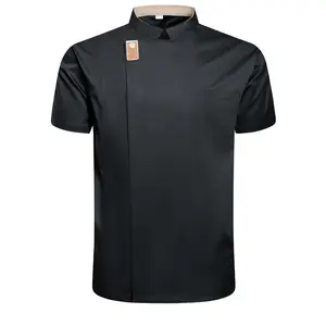 [Black Chef Uniform] Fashionable black professional chef uniform - short sleeved jacket with pockets, stand up collar, polyester fabric | Ideal choice for kitchen, baking, and restaurant use, school cafeteria clothing, machine washable
