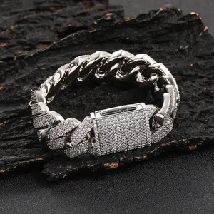 20mm Wide Flip Clasp Three Rows Cubic Zirconia Rhombus Cuban Link Bracelet, Thick Hip Hop Chain Wrist Accessories Fashion Jewelry for Men