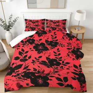 Red Black Floral Comforter Set, 1 Comforter with 1/2 Pillowcases, Gothic Botanical Bedding for Bedroom, Dorm & Guest Room, Decor for Adults
