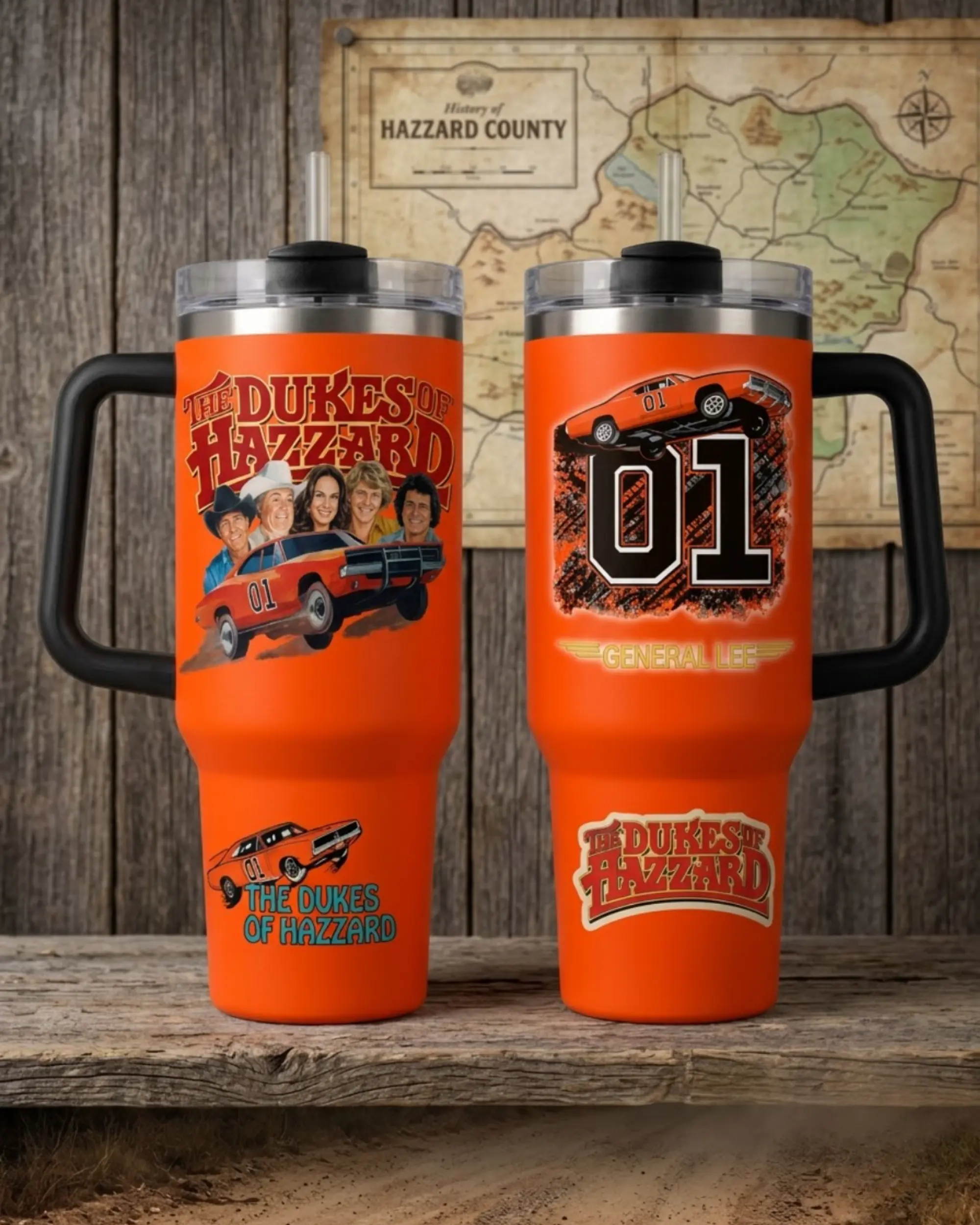 The Dkes 0f Hazz@rd General Lee 01 Tumbler 30oz 40oz With Handle, Orange Classic TV Show Fan Cup With Retro Car Cast Graphic, Vintage Americana Gift