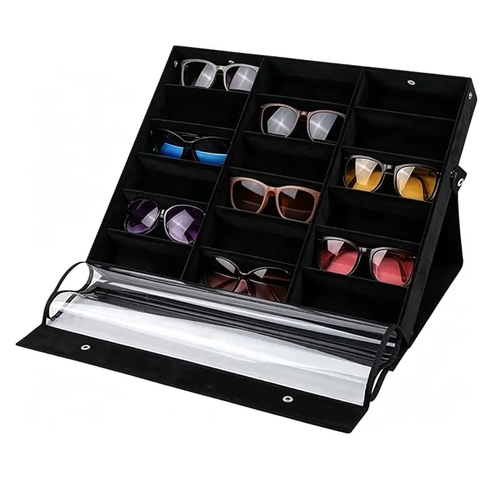 18-Slot Sunglass Organizer & Sunglasses Case, Dust-Free Eyeglass Holder Storage Box, Eyeglasses Eyewear Display Case with 18 Slots, Multiple Pairs of Sunglasses Storage Case, Jewelry Watch Organizer, Storage Solution for Desk & Vanity