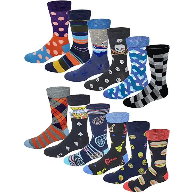 Men's Dress Socks - 12 Pairs Bulk Mid-Calf Socks, Assorted Fancy Designs, Double-Striped, Comfortable, for Casual Daily Menswear Use, Comfortable Mid-Calf Socks