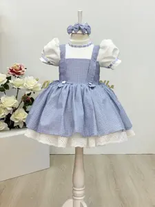 Toddler Girl's Gingham Patchwork Print Tiered Layer Dress, Cute Short Sleeve Round Neck Dress, Toddler Girls Costume for Birthday Party