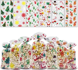 ONFAON Christmas Cellophane Treat Bags, 180Pcs Candy Bags with 200Pcs Twists for Snacks Cookies Candy Packing, Christmas Goodie Bags Party Supplies