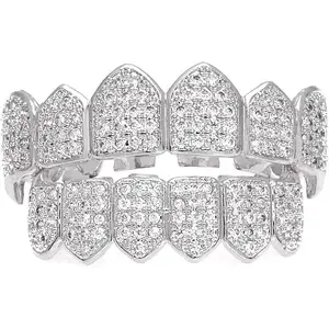 HH BLING EMPIRE Iced Out Diamond Teeth Grillz for Men Women, Hip Hop Silver Grills for your teeth Top and Bottom, Rapper Costume Mouth Grillz with Silicone Molding Bars