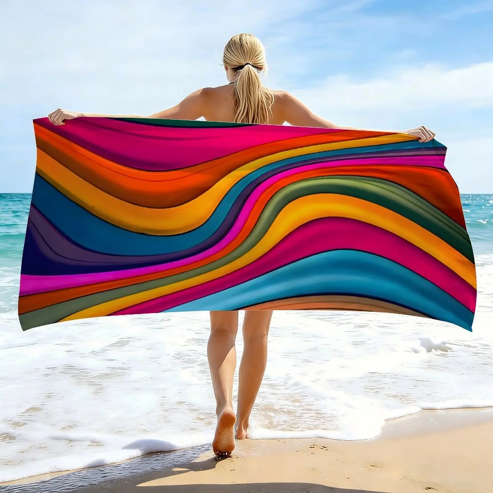 Rainbow Wave Stripe Beach Towel, Highly Absorbent Ultra-Fine Microfiber, Lightweight & Soft. Ideal for Beach, Swimming, Outdoor Camping and Travel, A Must-Have Beach Essential.