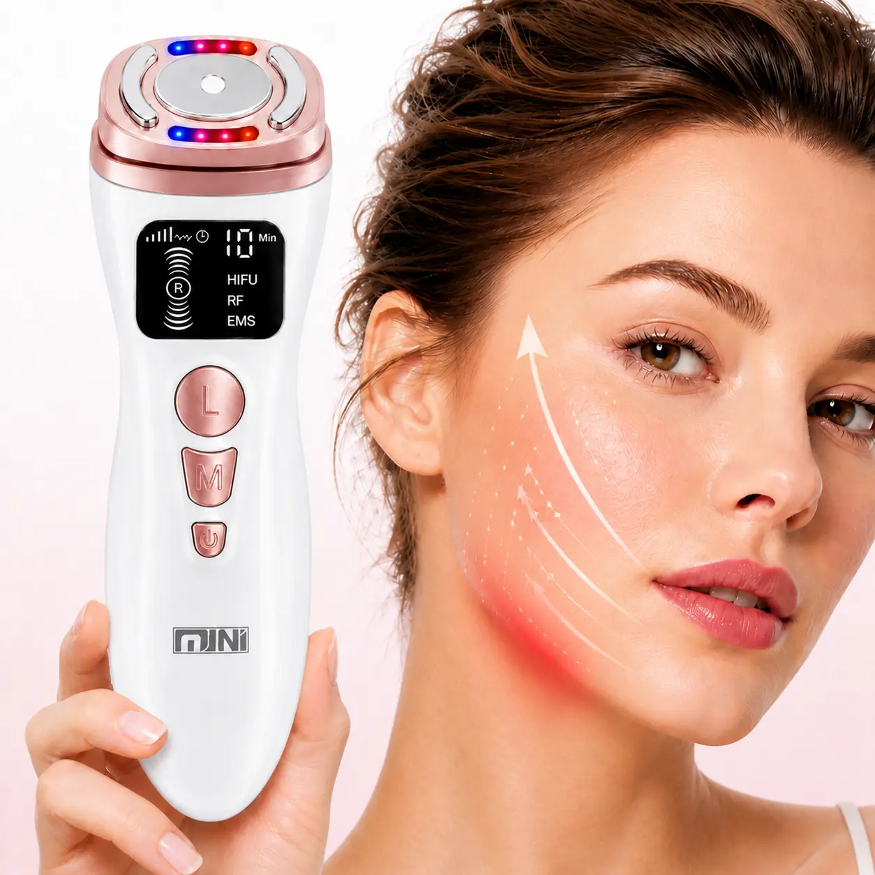 3-in-1 Plugged-In Mini HIFU RF EMS Daily Facial Beauty Device, Face & Neck Massager with RF Warm Care, EMS Microcurrent Tool, Serum & Cream Compatible, Power Adapter Included