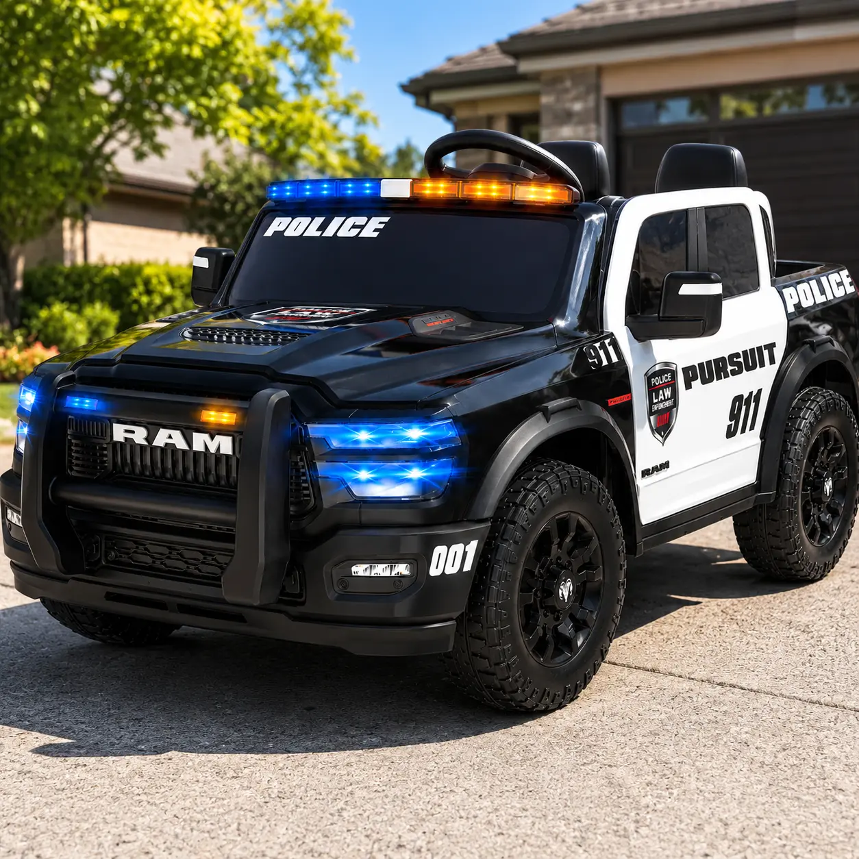 Dodge Ram 1500 Kids Ride-On Police Truck 12V/24V |Officially Licensed Patrol Car with 2x200W Motors,Remote Control, LED Lights, Siren, Walkie-Talkie & 2-Seater Design | Electric Ride-On Car for Ages 3-8summervibes