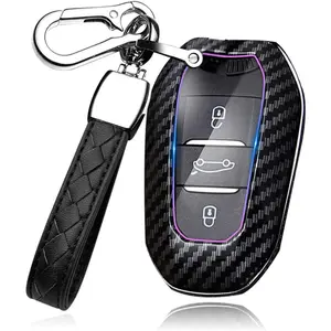 Car key fob cover compatible with Peugeot 308 408 508 2008 3008 4008 car accessories ABS material smart remote auto key case with key chain (Corbon fiber Black)