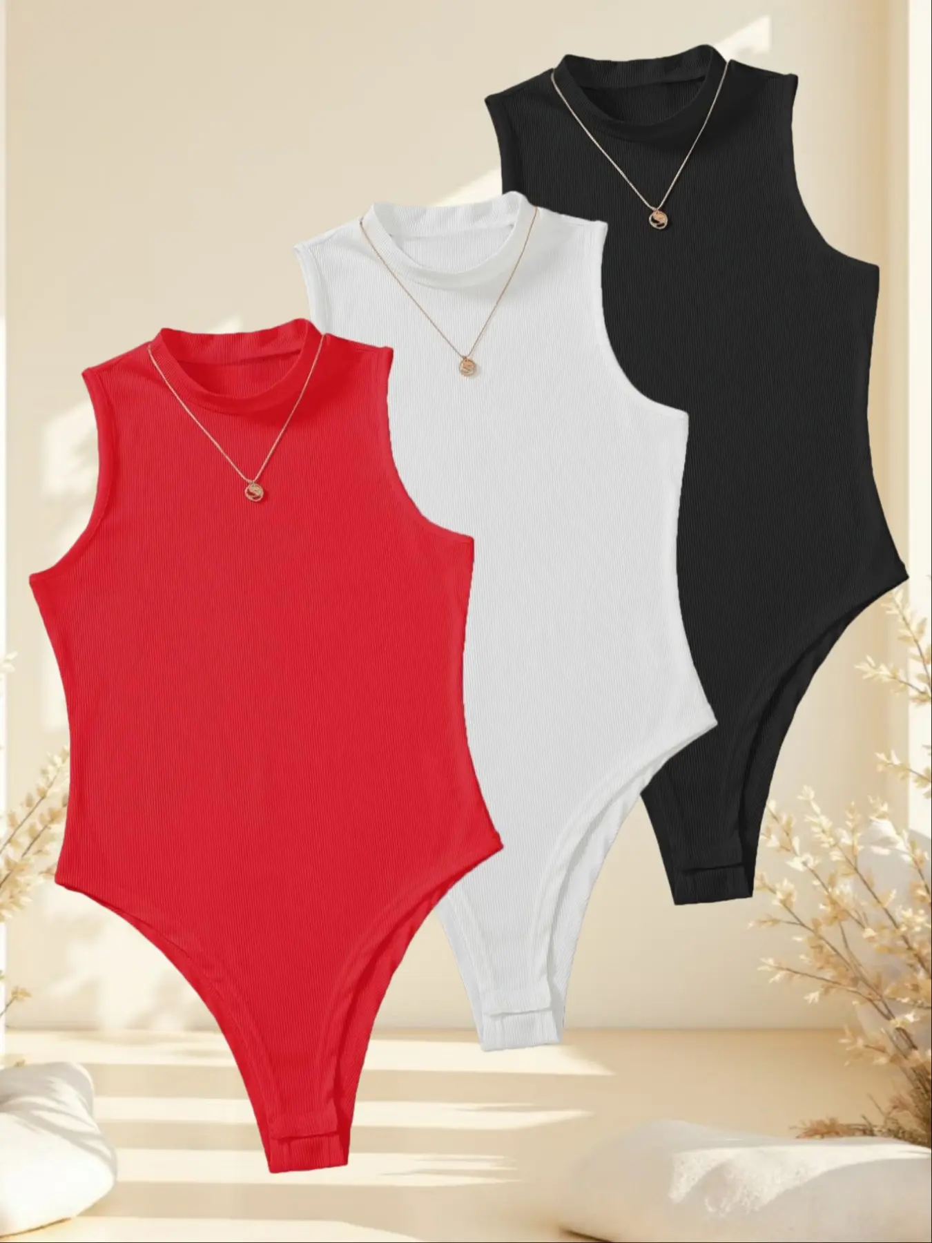 Simple Commuter Style Casual High Neck Sleeveless Jumpsuit, Slim Fit Bodycon Basic Top, Versatile 3-Piece Set, Perfect for Daily Wear, Solid Ribbed Bodysuit, Sleeveless Unitard, Stretchy Bodysuit